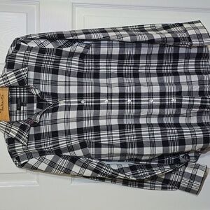 Talbots Black and White Plaid Button Down Shirt With Silver Threading